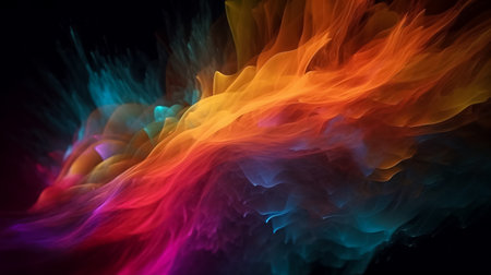 Waves of colorful plasma flowing smoothly black background. Illustration. Generative AIの素材