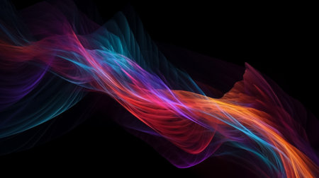 Waves of colorful plasma flowing smoothly black background. Illustration. Generative AIの素材