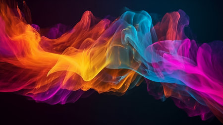 Waves of colorful plasma flowing smoothly black background. Illustration. Generative AIの素材
