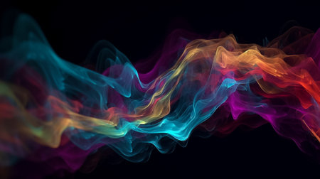 Waves of colorful plasma flowing smoothly black background. Illustration. Generative AIの素材