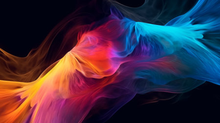 Waves of colorful plasma flowing smoothly black background. Illustration. Generative AIの素材