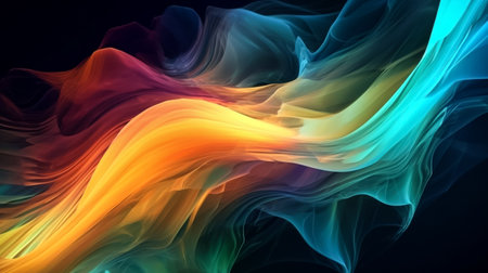 Waves of colorful plasma flowing smoothly black background. Illustration. Generative AIの素材