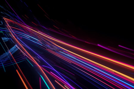Abstract colorful glowing lines, fast motion effect, over a black background. Illustration created using generative AIの素材