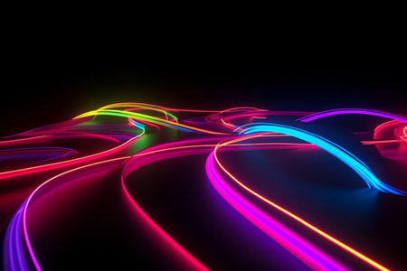 Abstract colorful glowing lines, fast motion effect, over a black background. Illustration created using generative AIの素材