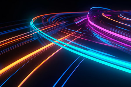 Abstract colorful glowing lines, fast motion effect, over a black background. Illustration created using generative AIの素材