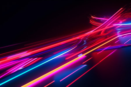 Abstract colorful glowing lines, fast motion effect, over a black background. Illustration created using generative AIの素材