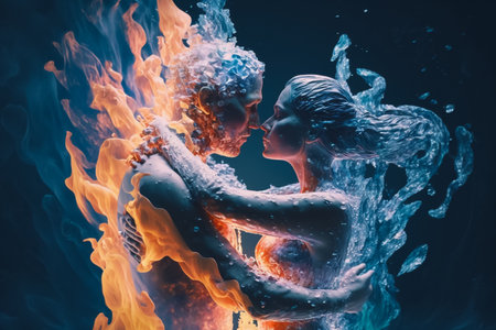 Fire and ice conceptual illustration. A lady made from fire and a man made from ice, embracing and kissing. Generative AIの素材
