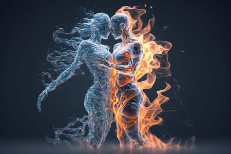 Fire and ice conceptual illustration. A lady made from fire and a man made from ice, embracing and kissing. Generative AIの素材