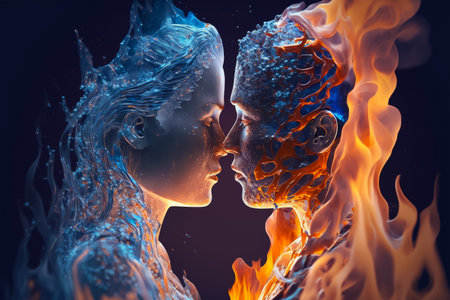 Fire and ice conceptual illustration. A lady made from fire and a man made from ice, kissing. Generative AIの素材