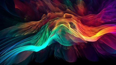 Waves of colorful plasma flowing smoothly black background. Illustration. Generative AIの素材