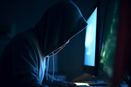Masked hacker, working on computer. Conceptual illustration. Created with generative AIの素材