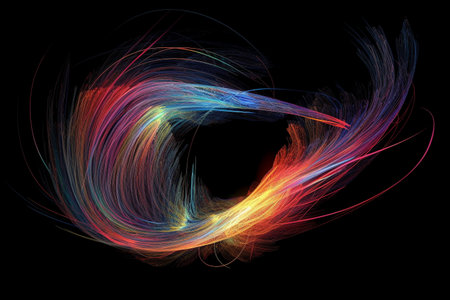 Colorful abstract illustration of a twirling and twisted dynamic shape, made from multiple thin threads, interwined. Generative AIの素材
