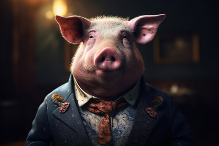 Pig dressed in a fancy bsuinessman or politician suit. Conceptual illustration created with generative AIの素材