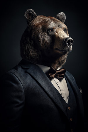 Conceptual portrait of a strong bear dressed as a businessman. Bear market concept. Illustration. Generative AIの素材