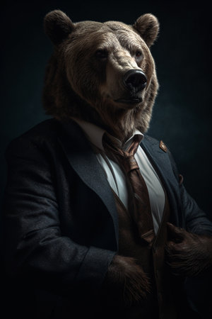 Conceptual portrait of a strong bear dressed as a businessman. Bear market concept. Illustration. Generative AIの素材