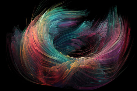 Colorful abstract illustration of a twirling and twisted dynamic shape, made from multiple thin threads, interwined. Generative AIの素材