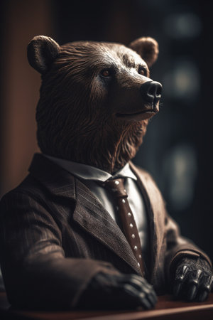 Conceptual portrait of a strong bear dressed as a businessman. Bear market concept. Illustration. Generative AIの素材