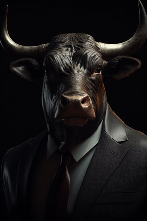 Portrait of a strong and successful bull, dressed in a businessman suit. Bull market concept. Illustration. Generative AIの素材