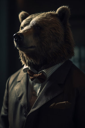 Conceptual portrait of a strong bear dressed as a businessman. Bear market concept. Illustration. Generative AIの素材