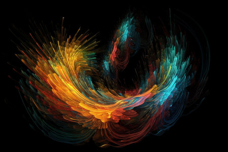 Colorful abstract illustration of a twirling and twisted dynamic shape, made from multiple thin threads, interwined. Generative AIの素材
