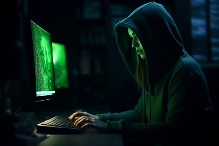 Masked hacker, working on computer. Conceptual illustration. Created with generative AIの素材