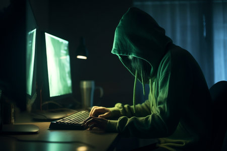 Masked hacker, working on computer. Conceptual illustration. Created with generative AIの素材