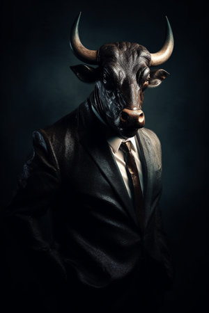 Portrait of a strong and successful bull, dressed in a businessman suit. Bull market concept. Illustration. Generative AIの素材