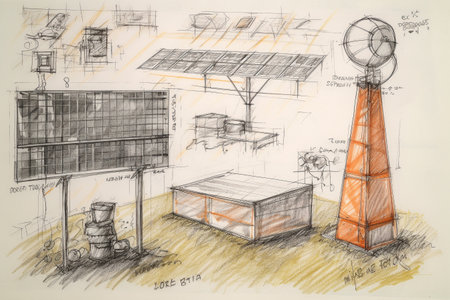 Solar energy conceptual illustration, hand drawn pencil sketch. Created with generative AIの素材