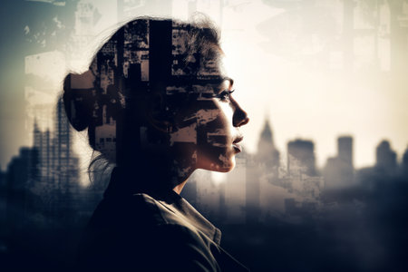Conceptual portrait of a successfull business woman. She is looking through the window of her office to the busy town. Illustration. Generative AIの素材