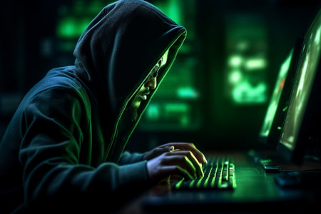 Masked hacker, working on computer. Conceptual illustration. Created with generative AIの素材