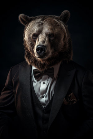 Conceptual portrait of a strong bear dressed as a businessman. Bear market concept. Illustration. Generative AIの素材