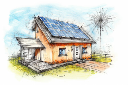 Solar energy conceptual illustration, hand drawn pencil sketch. Created with generative AIの素材