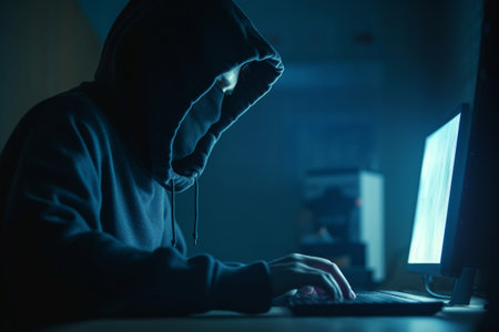 Masked hacker, working on computer. Conceptual illustration. Created with generative AIの素材