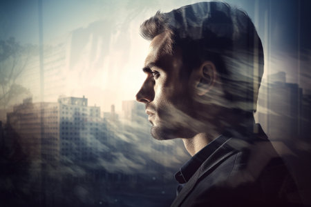 Conceptual portrait of a young and successful businessman, looking through a large window to a busy city. Illustration created with generative AIの素材