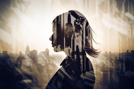 Conceptual portrait of a successfull business woman. She is looking through the window of her office to the busy town. Illustration. Generative AIの素材