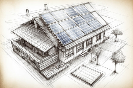 Solar energy conceptual illustration, hand drawn pencil sketch. Created with generative AIの素材