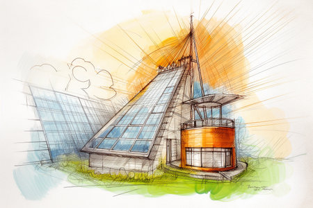Solar energy conceptual illustration, hand drawn pencil sketch. Created with generative AIの素材
