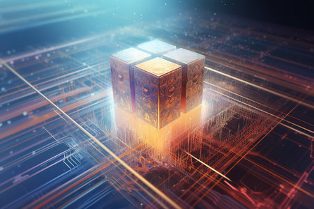 Quantum computer, qubits changing state, achieving quantum supremacy. Conceptual illustration. Generative AIの素材