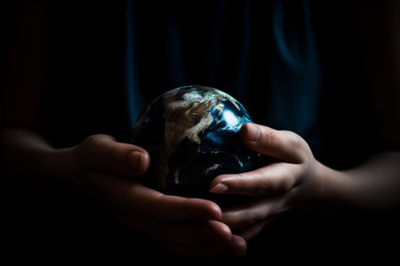 Hands holding Planet Earth. Earth Day conceptual illustration created with generative AIの素材