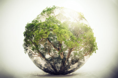 Conceptual illustration of an orb with vegetaion, plants and trees. Earth Day Concept. Created with generative AIの素材