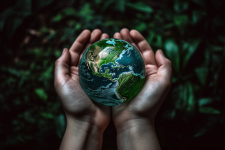 Hands holding Planet Earth. Earth Day conceptual illustration created with generative AIの素材