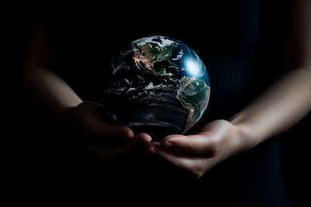 Hands holding Planet Earth. Earth Day conceptual illustration created with generative AIの素材