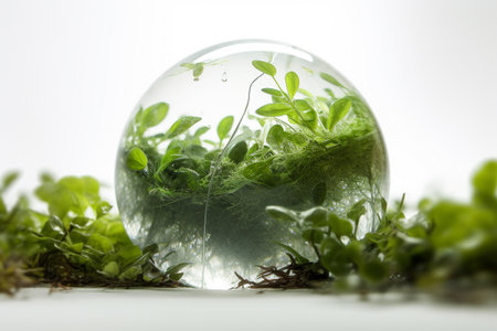 Conceptual illustration of an orb with vegetaion, plants and trees. Earth Day Concept. Created with generative AIの素材