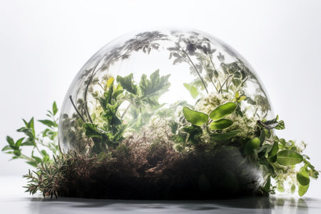 Conceptual illustration of an orb with vegetaion, plants and trees. Earth Day Concept. Created with generative AIの素材