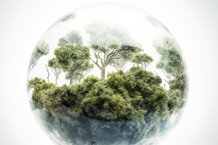 Conceptual illustration of an orb with vegetaion, plants and trees. Earth Day Concept. Created with generative AIの素材