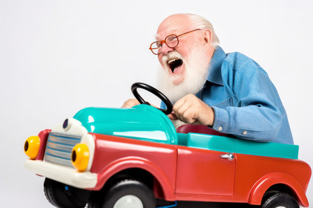 Old man having fun riding a toy car. Generative AIの素材