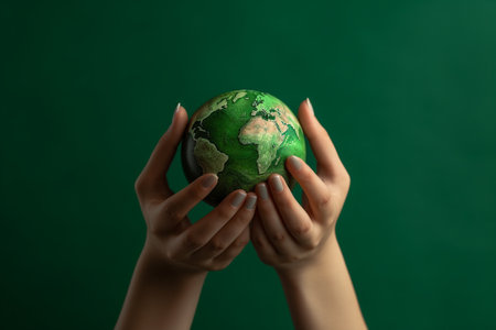 Hands holding Planet Earth. Earth Day conceptual illustration created with generative AIの素材