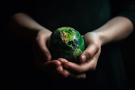 Hands holding Planet Earth. Earth Day conceptual illustration created with generative AIの素材