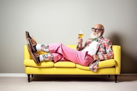 Funny old man chilling and relaxing on a sofa. Generative AIの素材