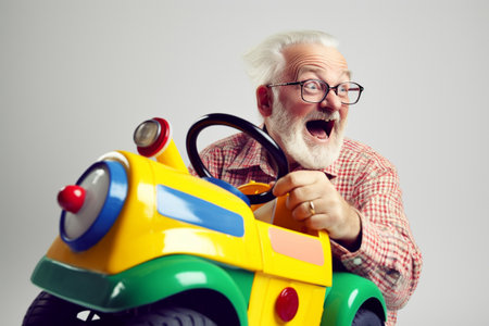Old man having fun riding a toy car. Generative AIの素材